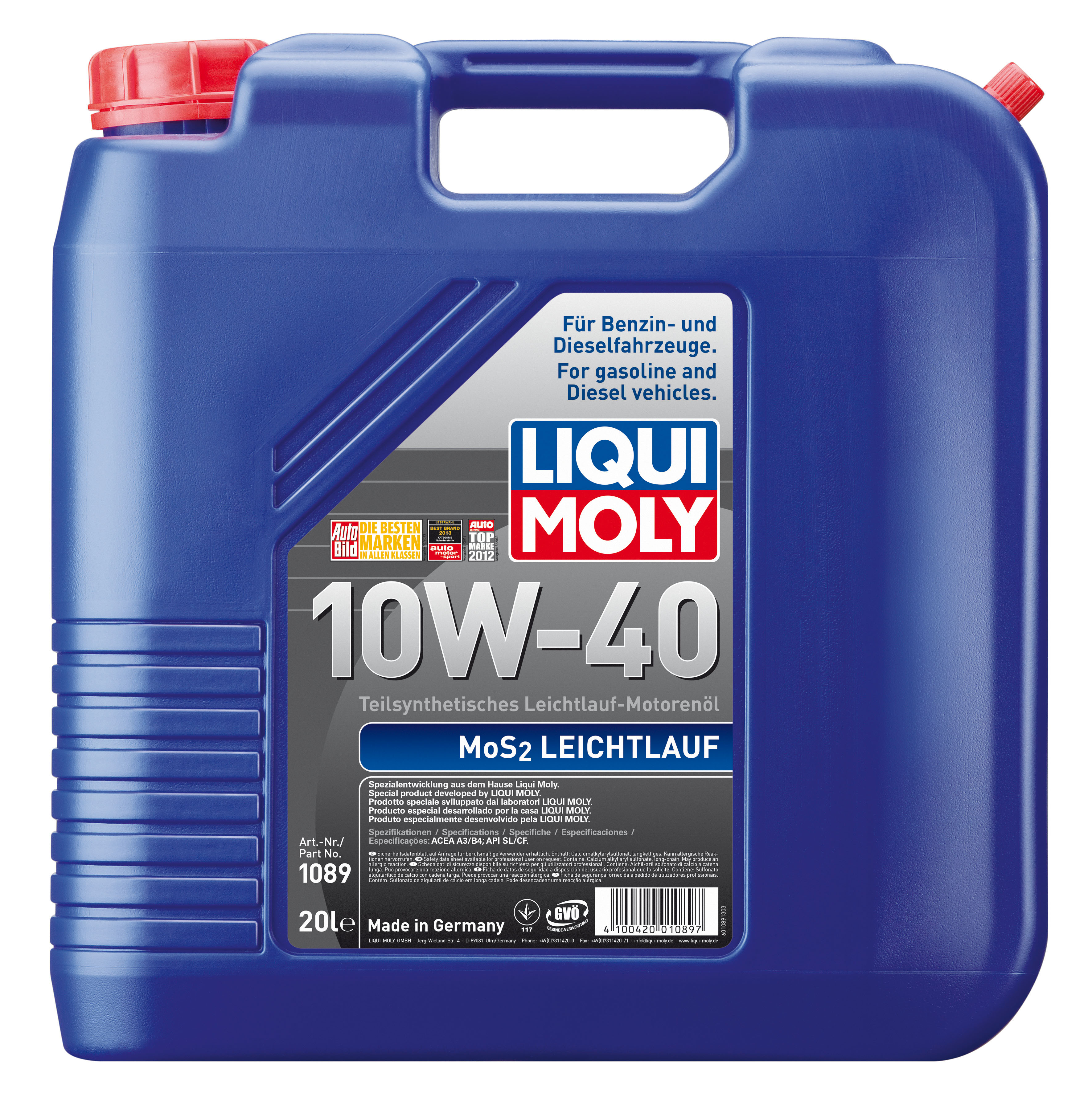 Полусинтетическое моторное масло MoS2 Leichtlauf 10W-40 20 л. 1089 LIQUI  MOLY - купить по низкой цене